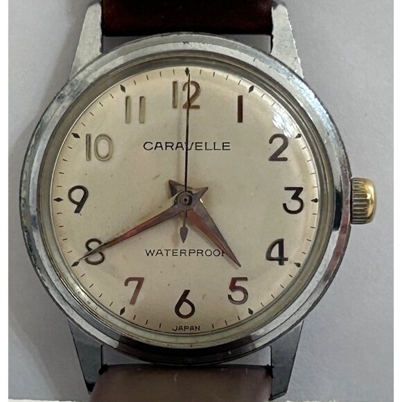 Vintage Caravelle Men's Manual Wind Watch Genuine Leather Band Waterproof Japan